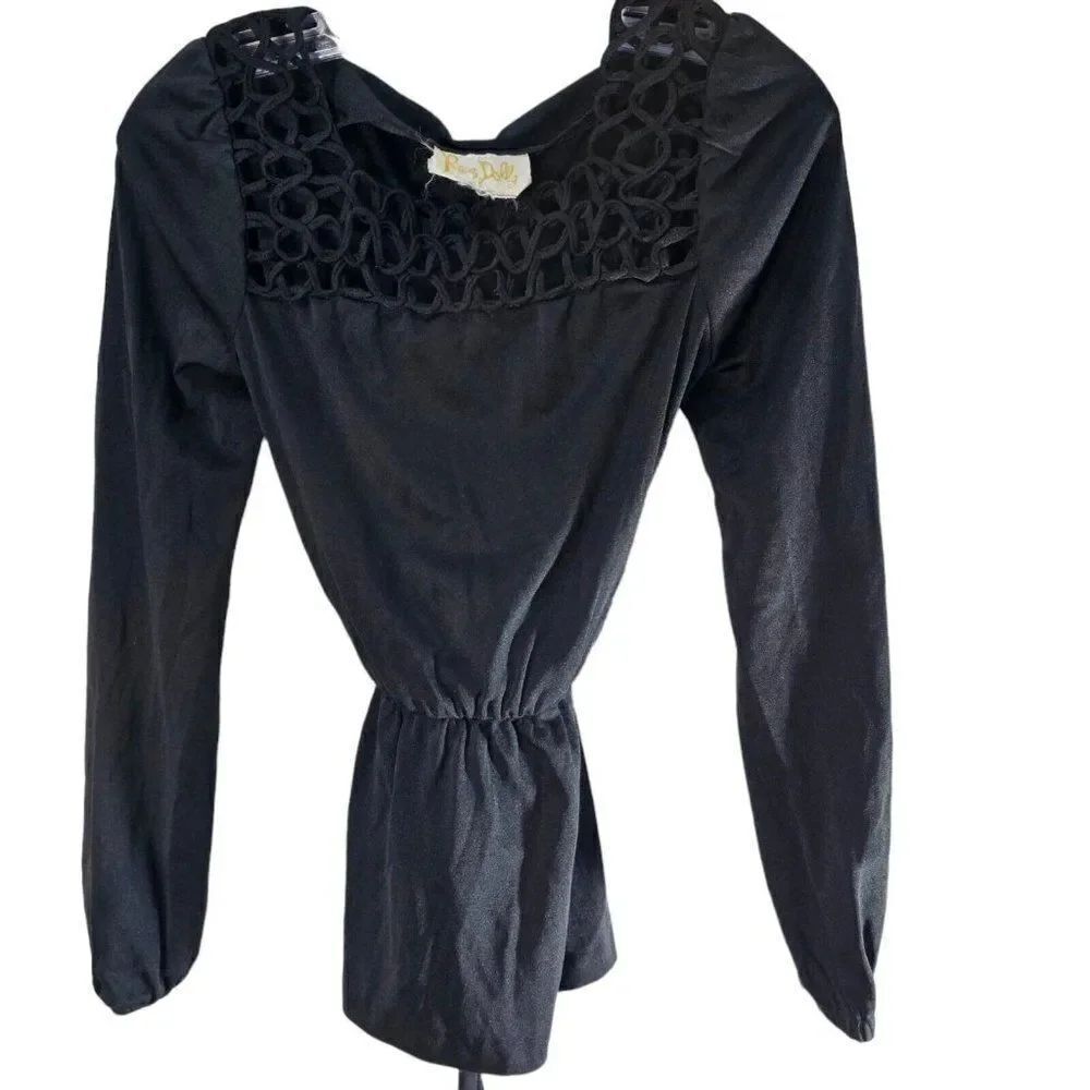Vintage 70s Rag Dolls Shirt Womens Size XS Black Tie Back Lattice Neckline Disco